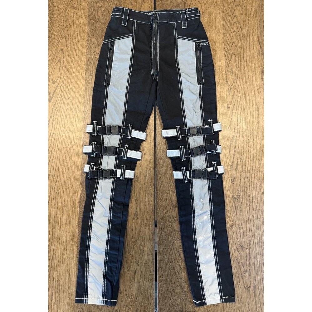 Tripp NYC Gothic Reflector Panel Bondage Pants Unisex Sz S Black Utility Straps